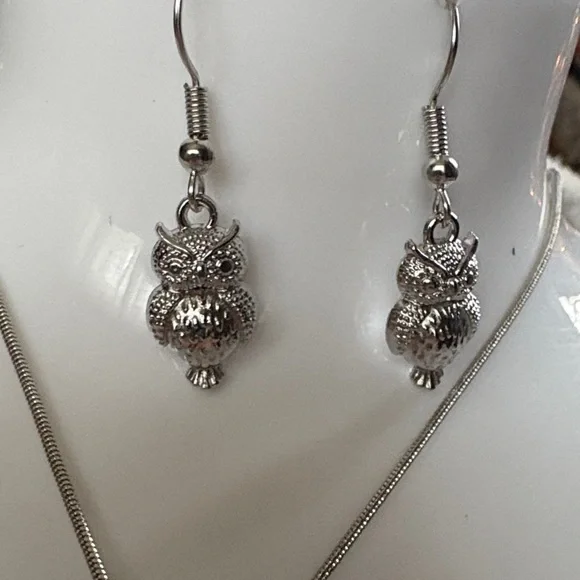 Silver Owl Pendant Necklace and Earring Set - Picture 3 of 7